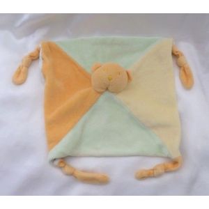 Doudou Plat Carr&eacute; Ours Vert Jaune Orange Noeuds King Bear - Occasion