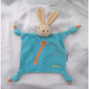 Doudou Peluche Plat Carr&eacute; Lapin Bleu Et Orange Broderie 1 Kaloo Noeuds 1998-2005 - Occasion