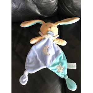 Doudou Lapin Babynat' Baby Nat' Beige Et Bleu Lune Étoile Luminescentes 30cm - Occasion