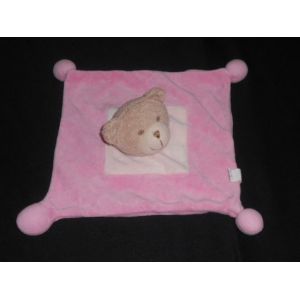 Doudou Plat Carré Ours Marron Beige Rose - Pompon - Sabiluc - Occasion