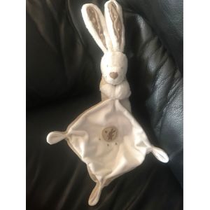 Doudou Mouchoir Lapin Blanc Taupe Beige Etoiles Pommette - Occasion