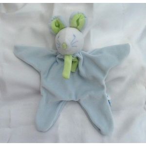 Doudou Peluche Plat Souris Blanc Et Bleu Echarpe Vert Pommette - Occasion