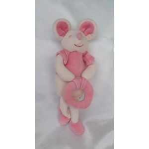 Doudou Peluche Souris Rose Avec Grelot Bou&eacute;e Anneau Sucre D'orge - Occasion