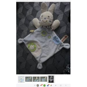 Doudou Peluche Lapin Plat Losange Nicotoy Bleu Vert Et Blanc - Occasion