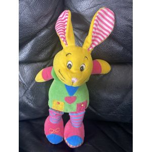 Doudou peluche lapin vert rose et jaune multicolore rayures fizzy 30cm - Occasion