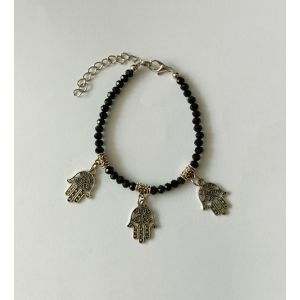 Bracelet En Perles Noires Et Breloque Main De Fatma. Porte Bonheur. 17 Cm - Occasion