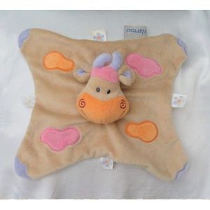 Doudou Peluche Plat Vache Beige Nuage Rose Orange Etiquettes Nattou - Occasion