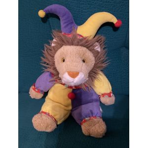 Peluche doudou lion fou du roi bouffon lutin lion jaune violet et rouge vintage 42cm - Occasion