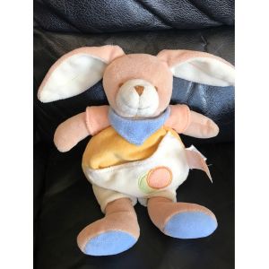 Doudou Peluche Lapin Beige Et Jaune Pied Bleu Foulard Bleu 22 Cm Baby Nat - Occasion