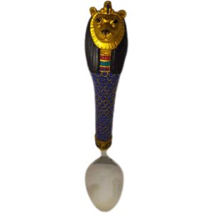 Stainless Vintage-Grande Cuill&egrave;re En Acier Inoxydable Avec Poign&eacute;e En R&eacute;sine Peint &Agrave; La Main Style Egypte D&eacute;esse Sekhmet Lion. - Occasion