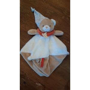 Doudou plat ourson blanc beige rouge bonnet lutin &eacute;toiles BABY NAT - Occasion