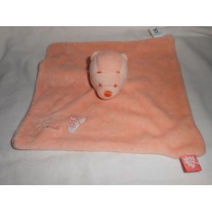 Doudou Plat Carré Saumon Winnie L'ourson The Pooh Friend Broderie Bourriquet Brode Rose Etiquette Feuille Orange - Occasion