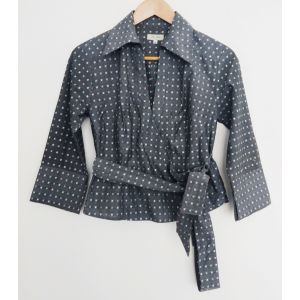 Chemisier Cache Coeur Gris A Motif Bleu Et Blanc Ceinture A Nouer A La Taille. Manche 3 / 4. Bruce Field. Coton. Taille 38 - Occasion