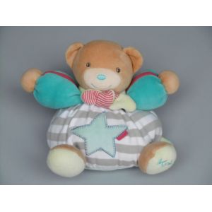 Doudou ours Kaloo boule ray&eacute; gris blanc bleu rouge &eacute;toile grelot - Occasion