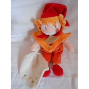 Peluche Clown Doudou Et Compagnie Musicien Notes De Musique Petit Mouchoir Carre Blanc Jaune Orange Col Bonnet Rouge - Occasion
