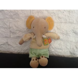Doudou &Eacute;l&eacute;phant Beige Vert Jaune Les Loustics 27 Cm Moulin Roty - Occasion