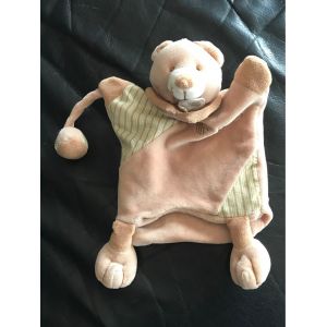Doudou Plat Marionnette Baby Nat Mr Ours Marron Beige Raye Balle 24cm - Occasion