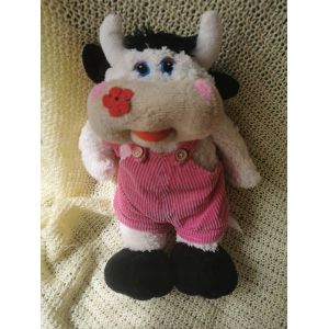 Doudou Peluche Vache Fleurs Ruban Salopette Rose Velours Côtelé - Occasion