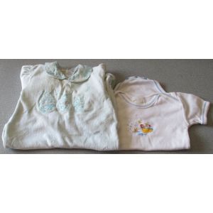 Lot De Rechange Pour Bébé : Body Blanc Bébé Dort(100%Coton)+Pyjama/Grenouillère Vert Clair Avec Appplication De 3 Animaux-Col Rond Et Dessus De Pieds Assortis(76%Coton/24%Polyester) - Taille 3 Mois - Occasion