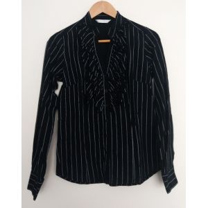 Chemise Chemisier Noir Ray&eacute; Blanc &Agrave; Jabot. Promod. Coton. Taille 38 - Occasion