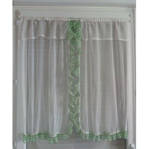 Paire De Rideaux Volantés Carreaux Vichy Verts. 60 X 100 Cm X 2. Livrés Avec Deux Embrasses. Tbe. Passe Tringle. - Occasion