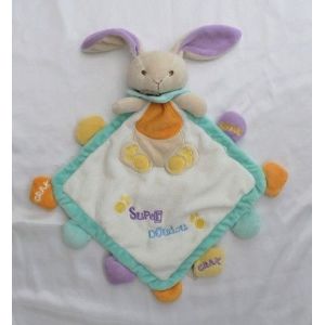 Doudou Lapin Plat Blanc Et Bleu Etiquettes Crak Super doudou BabyNat - Occasion