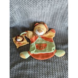 Doudou plat marionnette lion orange vert marron et son b&eacute;b&eacute; Doudou Et Compagnie - Occasion