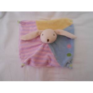 Doudou Lapin Plat Carre Cmp Eveil Et Tendresse Reve De Bebe Raye Rose Mauve Lilas Parme Jaune Bleu Vert Etoile Rond Hexagone 4 Coins Noeuds - Occasion