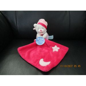 Doudou Ours Rose/Violet/Bordeaux Avec Mouchoir Imprim&eacute; Lune Et &Eacute;toile Luminescent/Phosphorescent Baby Nat - Occasion