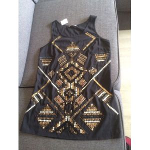 Jolie Robe Courte Noire À Paillette Or Et Écru Style Vintage Neuve T 38 - Occasion