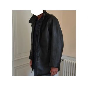 Veste Parka Cuir Doublure Duvet Oie Blouson Homme Noir Peau Surveste Style Chasseur Trappeur Biker Rock Motard Tres Protection Chaud Couvrant Manteau Homme Col Amovible Mouton Qualite Confortable Man - Occasion