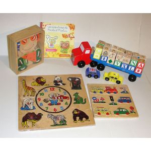 Jouet En Bois Lot 5 Articles Camion Lettres Melissa Et Doug +Puzzles Livre Horloge Jouets 1er Age - Occasion