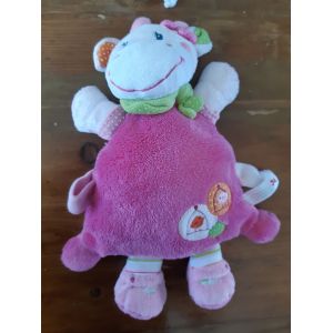 Doudou Nicotoy Vache Rose, Attache Tétine,Foulard Vert, Broderie Oiseau Cage - Occasion