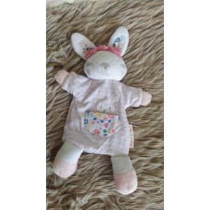 Doudou Plat Marionnette Lapin Rose Et Blanc Rayé Sergent Major Bébé Brodé Poche À Fleurs - Occasion