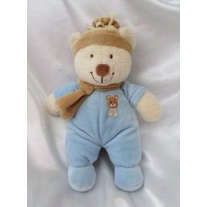 Doudou Peluche Ours Bleu Bonnet Echarpe Beige Orchestra - Occasion