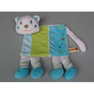 Doudou Chat Plat Blanc Bleu Vert Nicotoy - Occasion