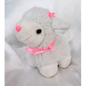 Doudou Peluche Agneau Mouton Blanc Noeuds Rose Sonore Vintage Cp - Occasion