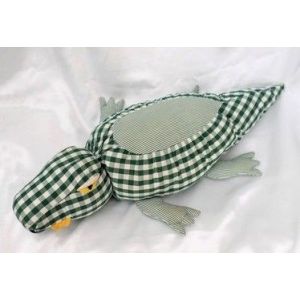 Doudou Peluche Crocodile Tissu Carreaux Rayures Vert Et Blanc Vintage Nounours - Occasion