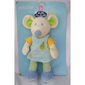 Doudou Peluche Souris Robe Bleu Ballon Jambes Rayures Mots D'enfants - Occasion