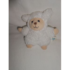 Doudou Peluche Agneau Mouton Beige Ecru Creme Blanc Bille Dans Le Corps Broderie Rose Tigex - Occasion