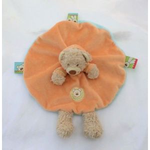 Doudou Peluche Ours Beige Plat Rond Orange Capuche Broderie T&ecirc;te D'Ours Verso Bleu Nicotoy - Occasion