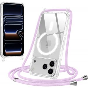 TRAHOO-Magn&eacute;tique Coque pour iPhone 17 Pro Max avec Cordon, Compatible avec MagSafe Transparent R&eacute;glable Lanyard Necklace Case, Ultra Mince Souple Silicone TPU Antichoc Housse, Violet - Occasion
