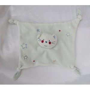 Doudou Peluche Plat Chat Bleu Etoiles Noeuds Absorba - Occasion