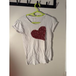 T-Shirt Monoprix Kids Ray&eacute; Rose Et Blanc - C?ur Sequins - Fille 14 Ans - Occasion