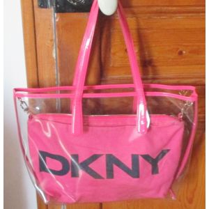 Sac Transparent En Pvc Style Cabas Dkny Active Avec Grande Poche Zippée Suspendue En Tissu Rose Vif Doublé Orange Avec 1 Poche Zippée Et 2 Poches Ouvertes-Grande Bandoulière Amovible-45x30x10cm - Occasion