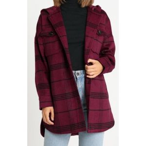 Twintip - Veste Parka Blouson À Capuche Mi-Saison 87 Cm Carreaux Rouge Bordeaux & Noir Style Liquette De Bucheron - Occasion