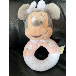 Doudou hochet Minnie en velours rose brod&eacute; de moutons et blanc imprim&eacute; d'&eacute;toiles. Etiquette lune jaune 20cm - Occasion