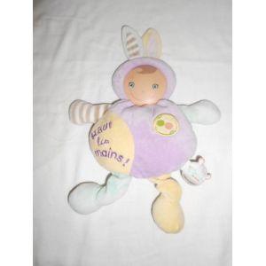 Doudou Lapin Bouille De Doudou Haut Les Mains Doudou Et Compagnie Avec La Tete Interchangeable De Emilie Grelot Mauve Jaune Bleu Vert - Occasion