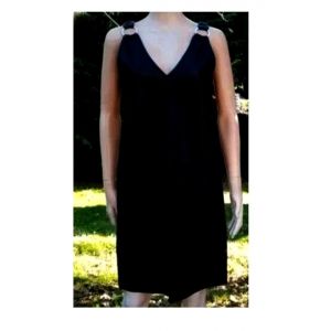 Robe Chasuble Fendu Sans Manche Bretelles Double Anneaux Noire En Cuir Pu 2 Poches Femme 44m Ming Boucle Epaules Chic Feminin Vetement Tout Saison Elegant Pratic Journee Soiree Cocktail - Occasion