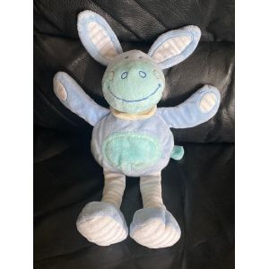 DOUDOU PELUCHE TEX BABY CARREFOUR ANE CHEVAL BLEU BLANC FOULARD JAUNE 33CM - Occasion